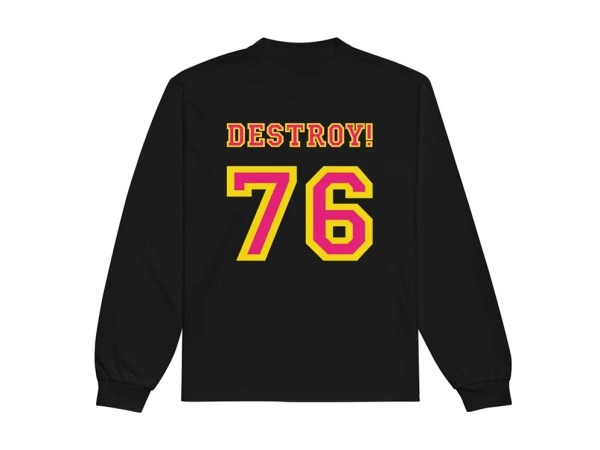 The You Have To Destroy To Create - Black T-Shirt (FPO) is a long-sleeve punk-inspired shirt with DESTROY! in yellow and red block letters and the number 76 in yellow with a red outline boldly printed on the back.