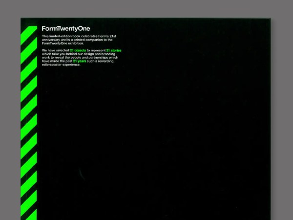 A mostly black image with a gray bar at the top and green diagonal stripes along the left side. White and green text in the top left corner reads about Form's 21st birthday celebration.