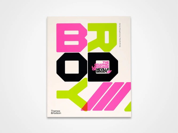 A book cover with bold, geometric shapes in black, pink, and lime green. The text reads The Graphic Language of Neville Brody in white and black. The Thames & Hudson logo appears in the lower left corner.