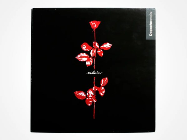 A black album cover featuring a single red rose with the word violator written in white cursive beneath it. A small gray label on the right edge displays Depeche Mode.