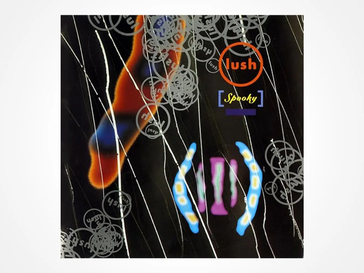 Abstract album cover with wavy white lines, circular silver patterns, an orange and blue organic shape, and the words “lush” in an orange circle and “[Spooky]” on a blue background. Colorful symbols and patterns overlay the image.