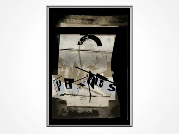 Abstract black-and-white collage featuring layered paper, a large arch shape, and cut-out letters spelling “PIXIES” arranged diagonally across the center. The background is textured with blocks and brush strokes.