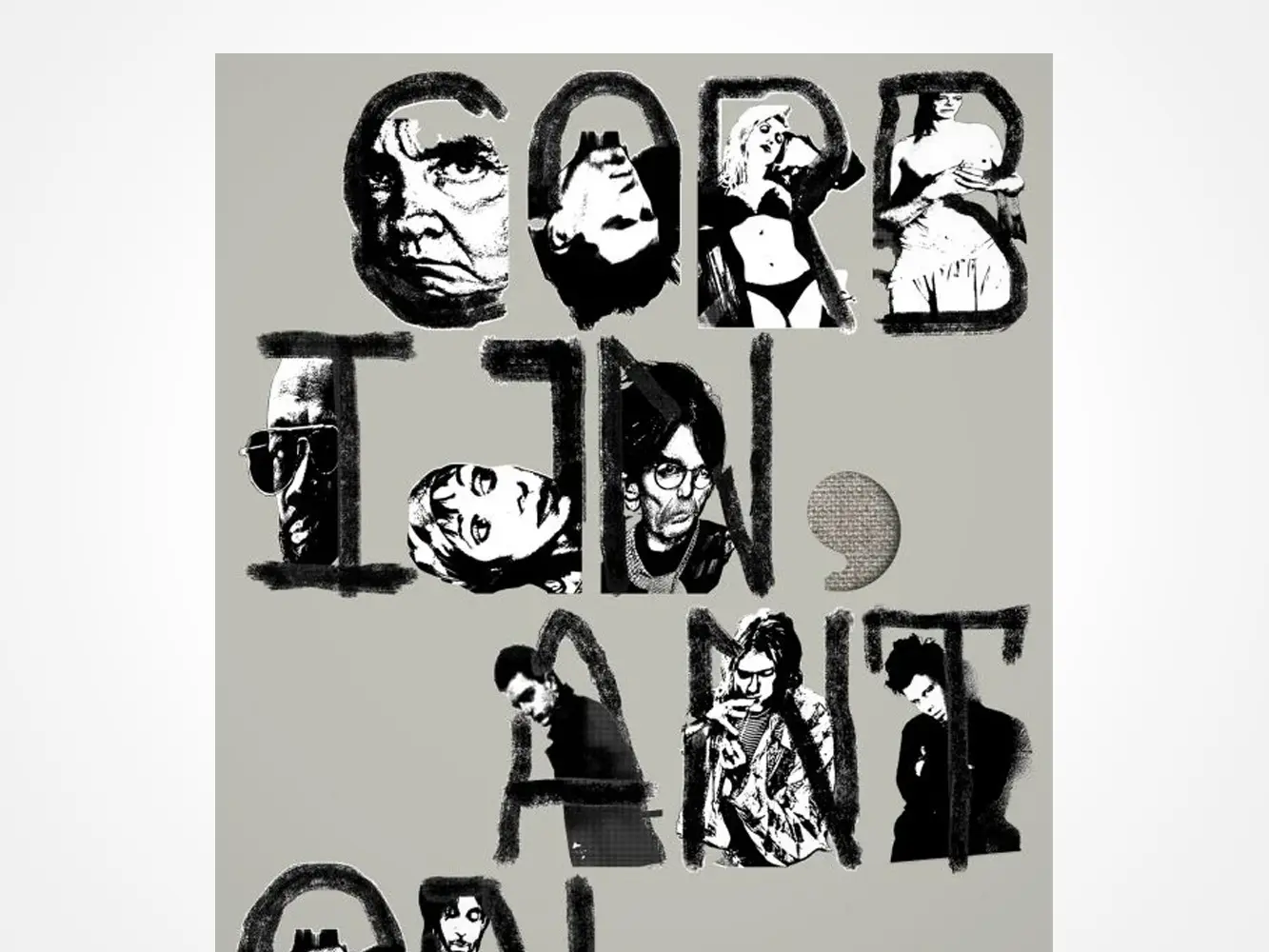 A grayscale collage features large, rough black letters with cutout photos of various people’s faces and bodies integrated into the text on a light gray background. The arrangement appears bold and chaotic.