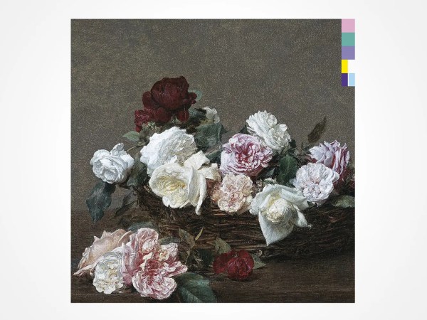 A painting of a wicker basket filled with assorted roses in white, pink, and red shades, set against a muted brown background. Four small color swatches are arranged in a vertical line on the upper right.