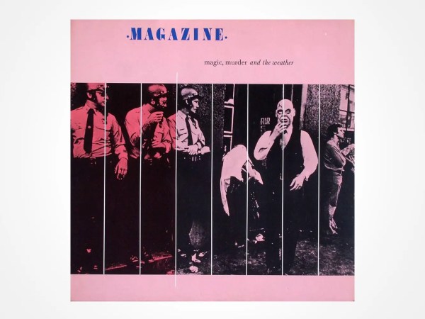 Album cover for Magazines Magic, Murder and the Weather features a pink background with vertical white lines over a black-and-white photo of five men standing and sitting, some in hats and uniforms.