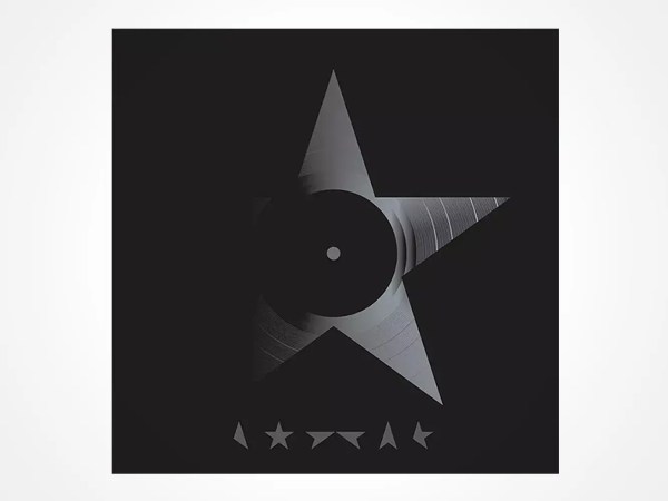 A black square album cover featuring a large, dark star with a circular center, resembling a vinyl record. Below the star are five small abstract symbols arranged in a line. The background is solid black.