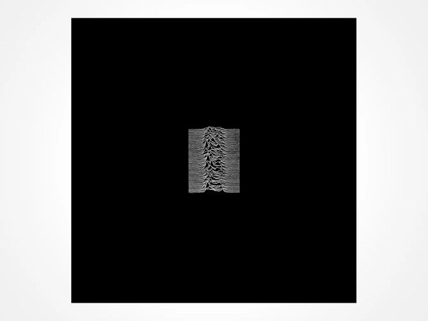 Centered on a black square, a series of white, wavy horizontal lines form a dense rectangular pattern, resembling soundwaves or radio signals on a monitor. The background is plain and minimalist.