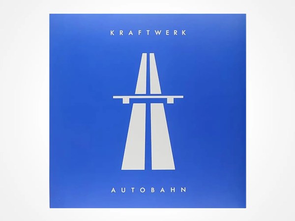 A blue album cover with a minimalist white graphic of a highway overpass in the center. KRAFTWERK is written at the top and AUTOBAHN at the bottom in white capital letters.