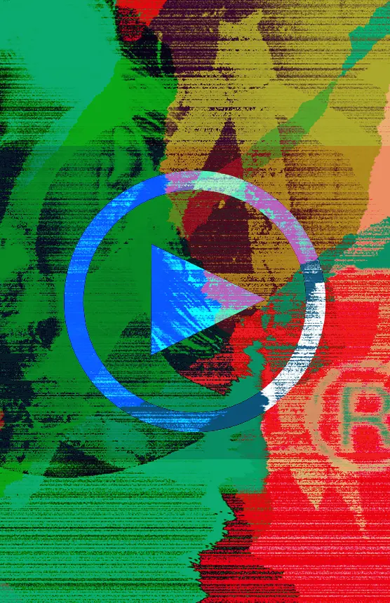 Abstract digital artwork featuring a central blue play button overlays a colorful, textured background of green, red, yellow, and earthy tones—distorted shapes evoke the dynamic feel of a Playlist Module.