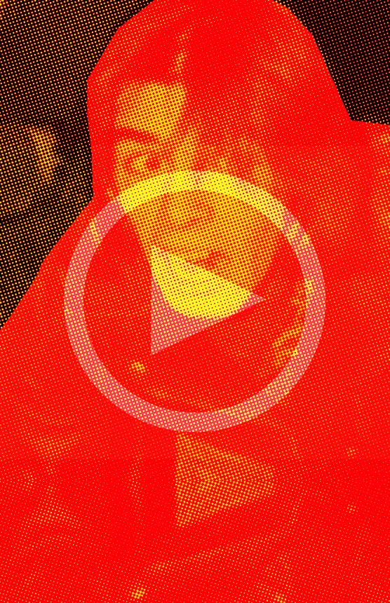 A stylized, pixelated image of a person’s face in red and yellow tones, overlaid with a large, semi-transparent play button symbol in the center, evokes a retro or pop art feel—perfect for a Guest Playlist or Vertical Module feature.