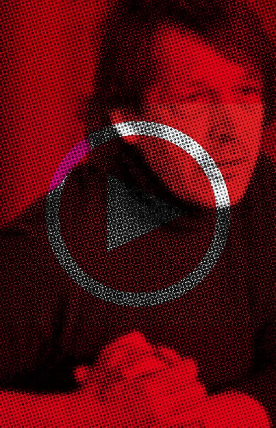 A stylized, red-toned image of a person with short hair is overlaid with a circular play button icon, suggesting a video thumbnail. The dotted halftone effect and “Guest Playlist” label give it a distinctive pop art and playlist module vibe.